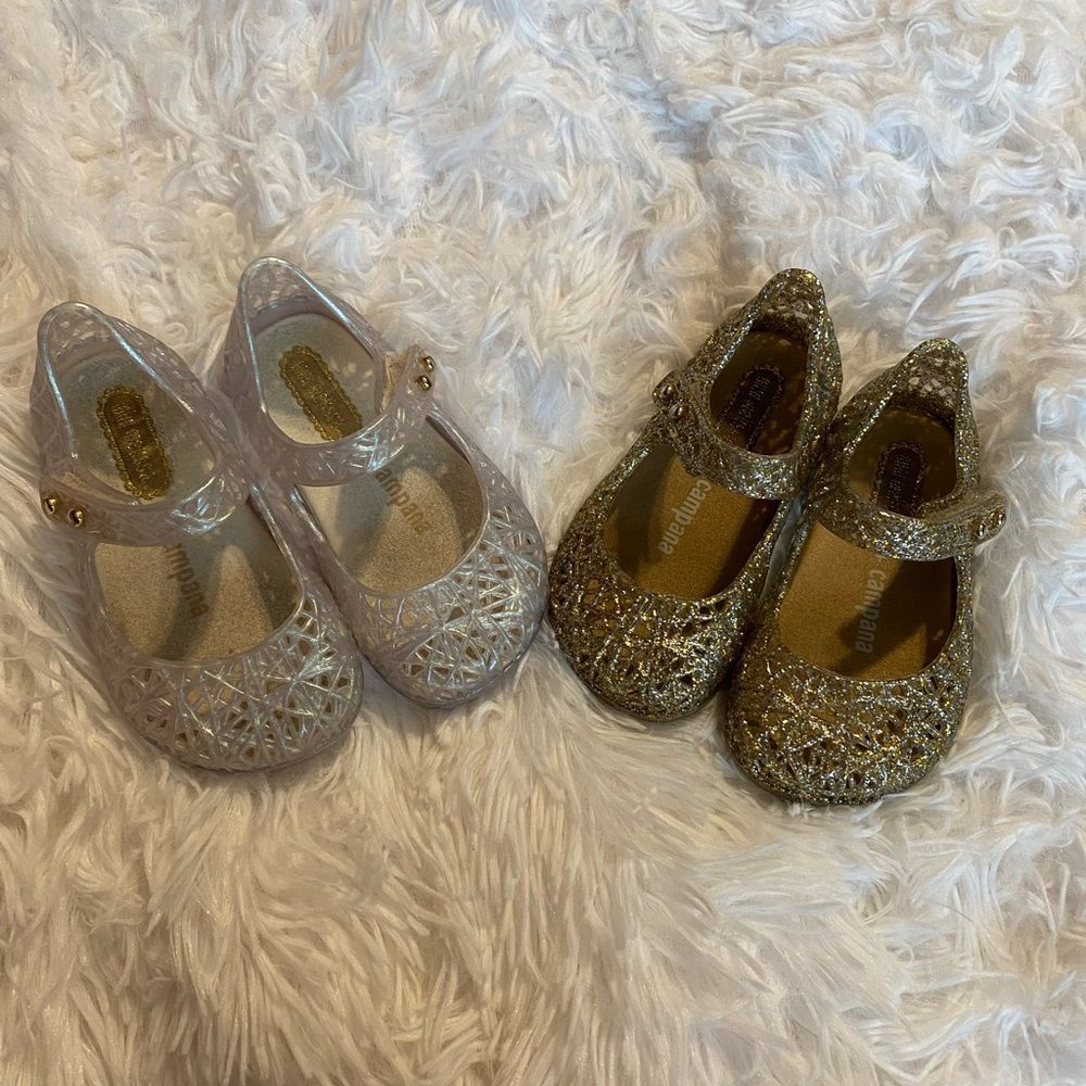 (2) Mini Melissa Campana Toddler Shoes Size 5, 1 Gold Glitter & 1 Silver Shimmer